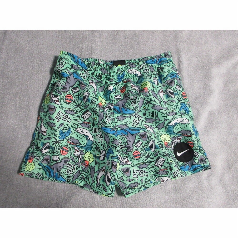 Nike Boys Swim Trunks Shorts Green Shark Party All-Over Print Youth M